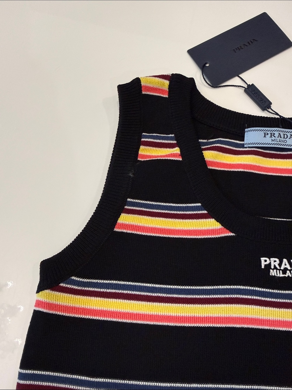 Prada Black Striped Knit Tank Top with Pink, Yellow & Blue Stripes - Picture 6 of 13